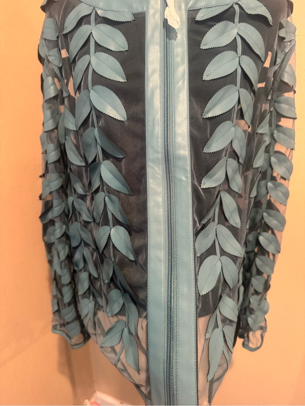 Modern Teal Mesh Faux Leather Leaf Jacket With Sheer Panel and Front Zipper - Picture 5 of 9